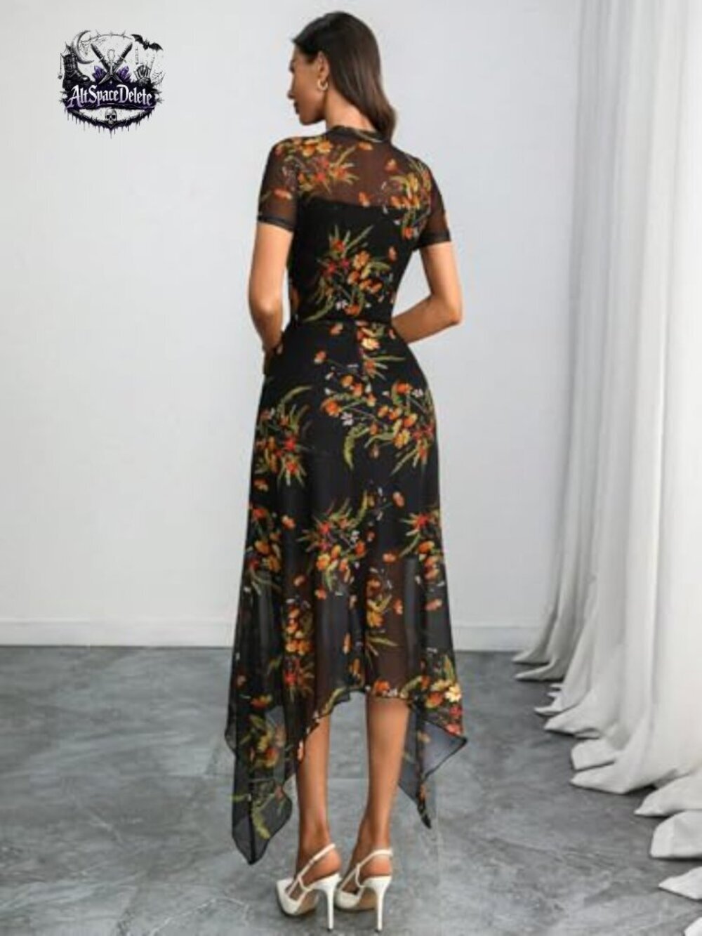 Floral Mesh Midi Dress, Double-Layered, A-Line, Short Sleeve, Gothic Style - Picture 2 of 7